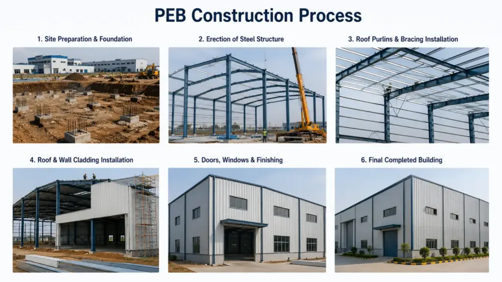 Workers installing steel structure during Pre Engineered Building construction