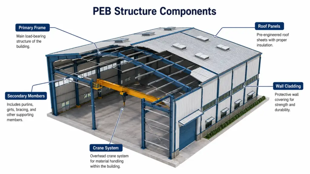 Diagram showing main components of a Pre Engineered Building structure