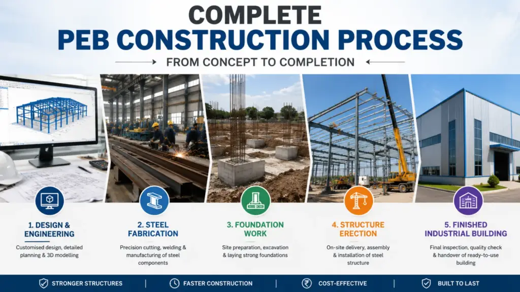 Complete PEB construction process step by step from design and fabrication to erection and project handover