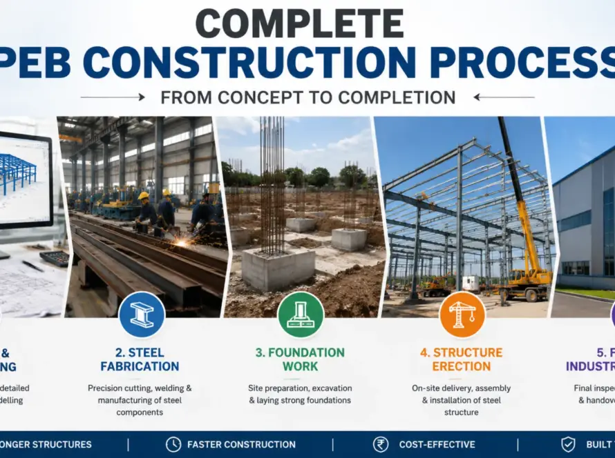 Complete PEB construction process step by step from design and fabrication to erection and project handover