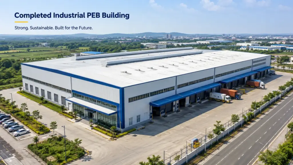 Completed industrial PEB warehouse and factory building with logistics yard and loading area
