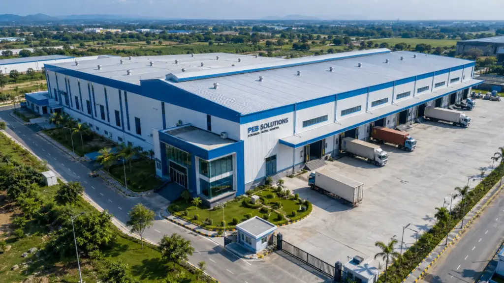 Completed industrial PEB warehouse facility with logistics yard and loading docks