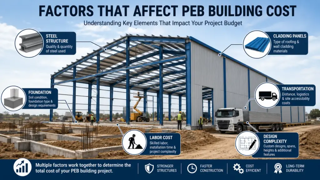 Factors affecting PEB building cost including steel structure, foundation, cladding, labor, and transportation expenses