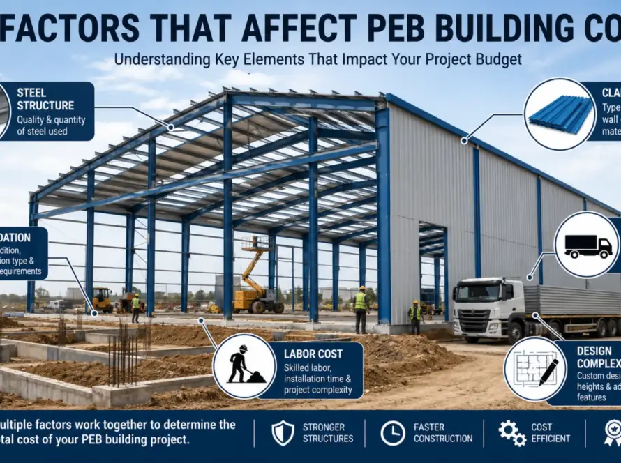 Factors affecting PEB building cost including steel structure, foundation, cladding, labor, and transportation expenses