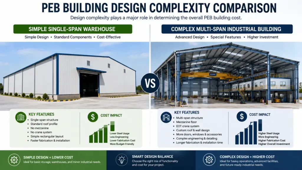 Comparison of simple and complex PEB building designs showing differences in construction costs