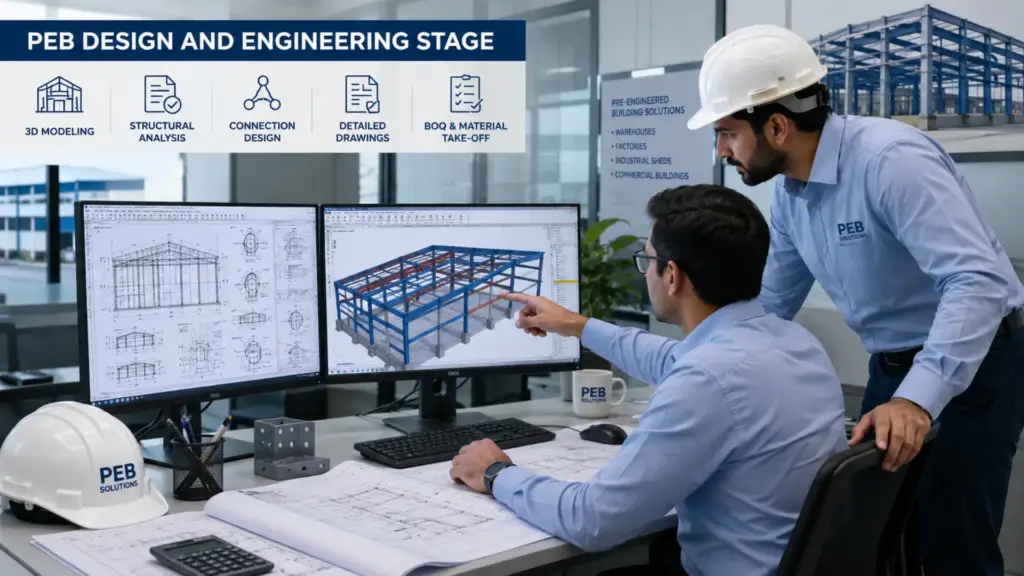 Engineers creating structural design and engineering drawings for a pre-engineered building project
