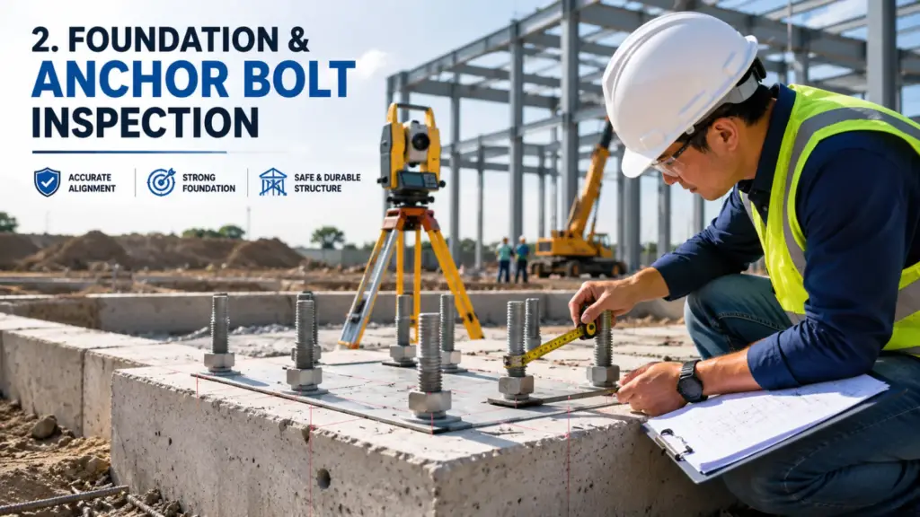 Engineer inspecting PEB foundation and anchor bolt alignment before steel erection