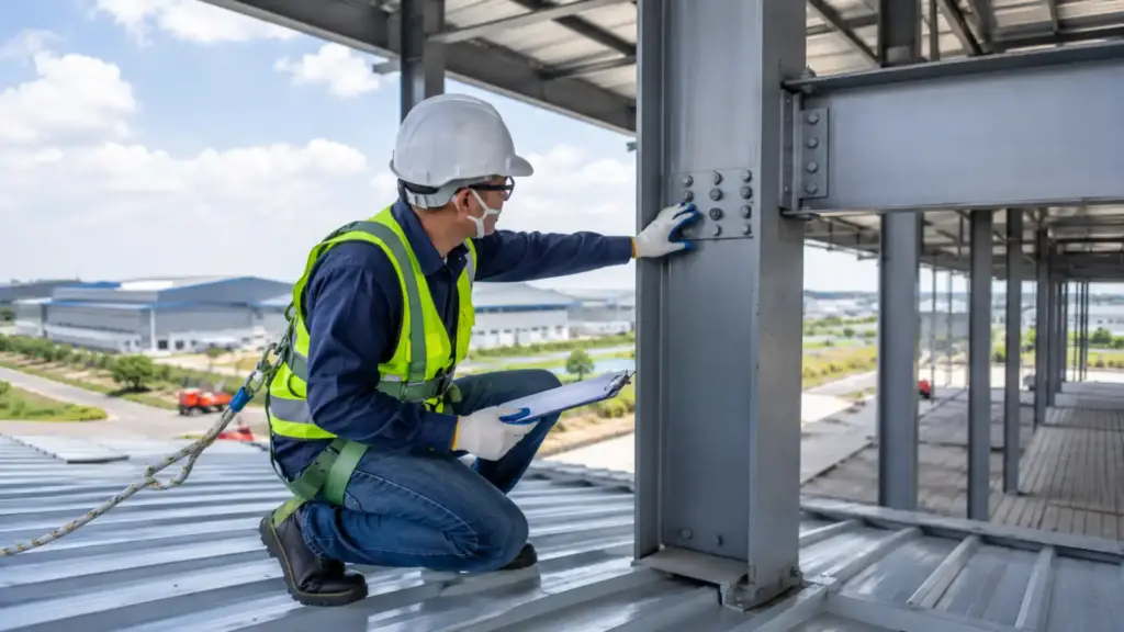 Pre Engineered Building Maintenance and Structural Inspection Engineer inspecting a pre engineered building to extend its lifespan