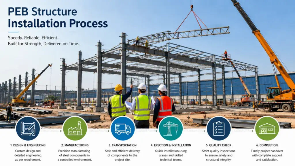Installation of pre engineered steel building structure using cranes and engineered steel components in Gujarat