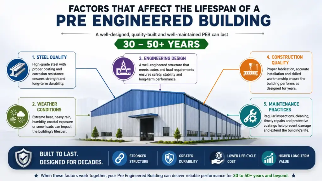 Key Factors That Affect Pre Engineered Building Lifespan Factors affecting the lifespan of a pre engineered building infographic