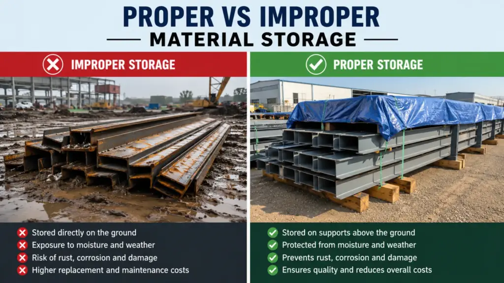 Comparison of proper and improper steel material storage during PEB construction