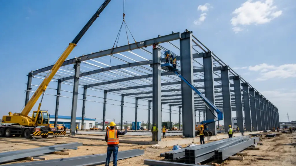 Crane installing steel columns and rafters during PEB structure erection process