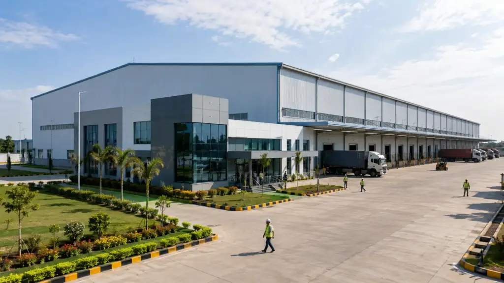 Completed industrial warehouse constructed by a PEB EPC company with steel structure, loading docks and logistics infrastructure.