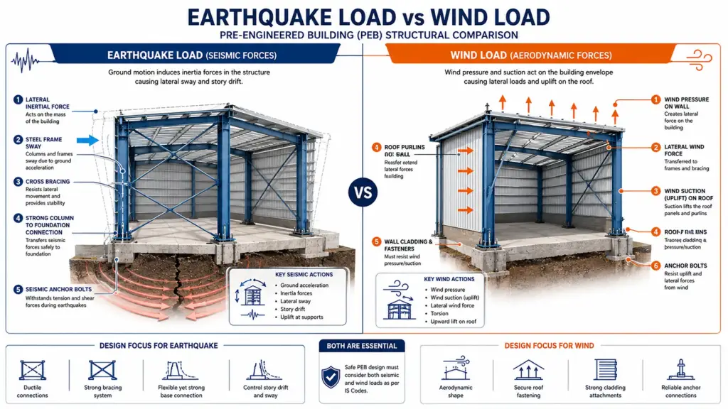 Comparison of earthquake loads and wind loads acting on a PEB structure
