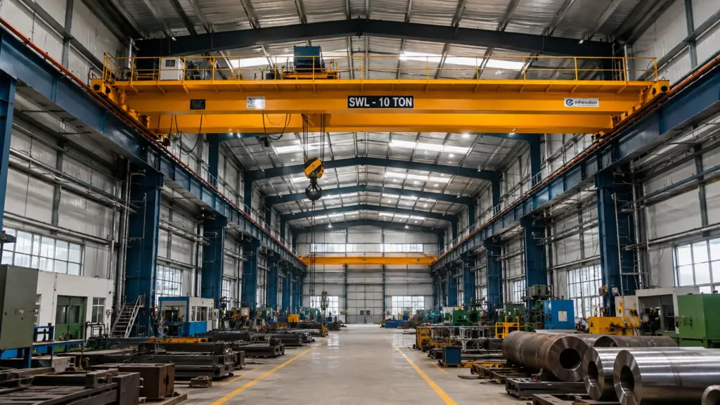 EOT overhead crane and runway beams inside a crane-operated PEB workshop