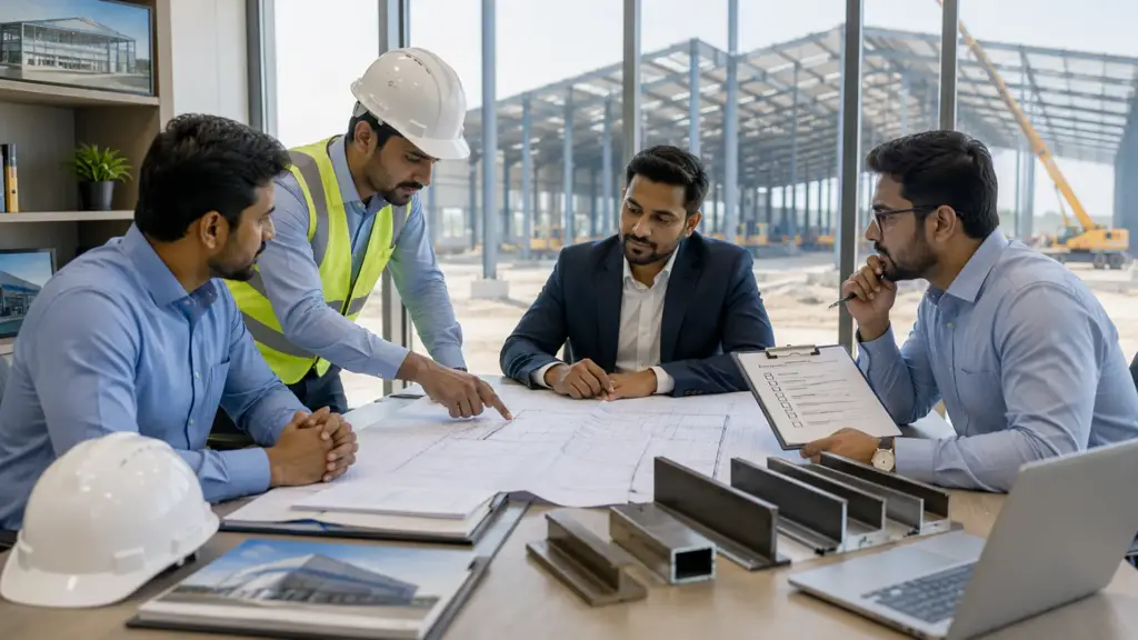 Factory owner evaluating a turnkey pre-engineered building contractor during project planning meeting