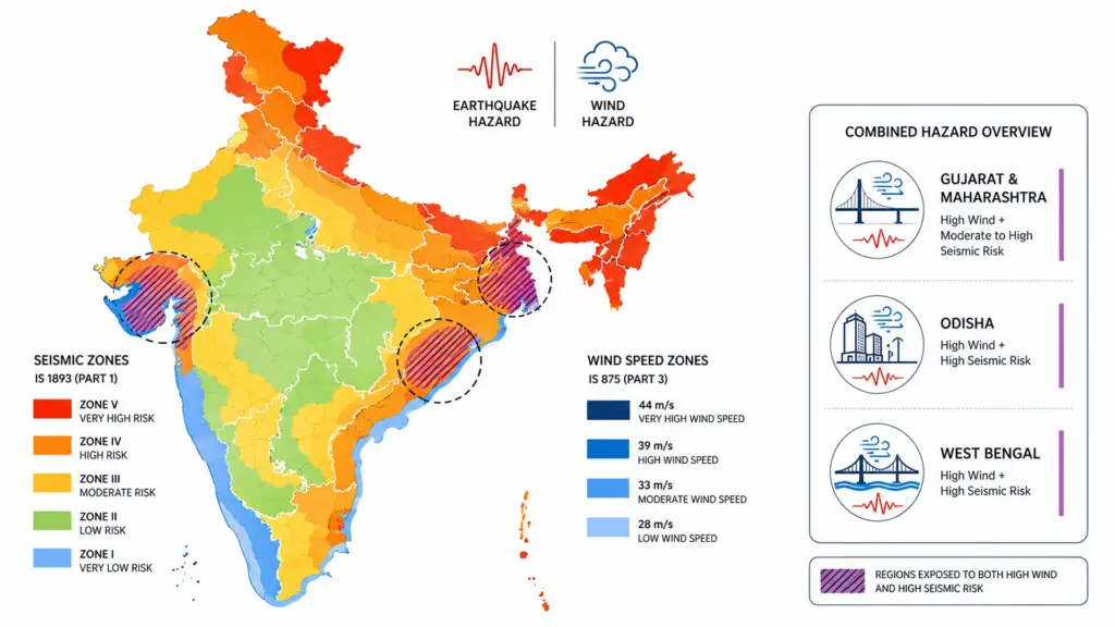 Map showing Indian seismic zones and wind speed regions for pre-engineered building design