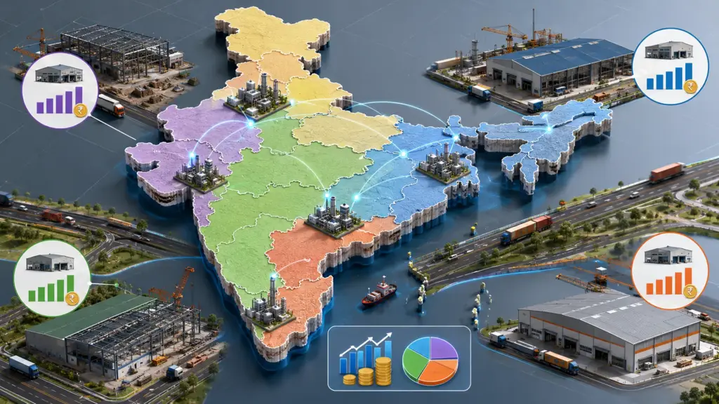 India map comparing PEB warehouse construction costs across Gujarat Hyderabad Pune and East India