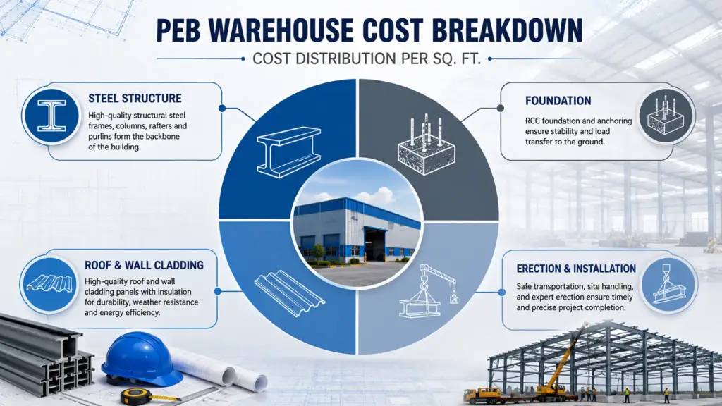 PEB warehouse cost breakdown showing steel structure, foundation, cladding, and erection cost components.