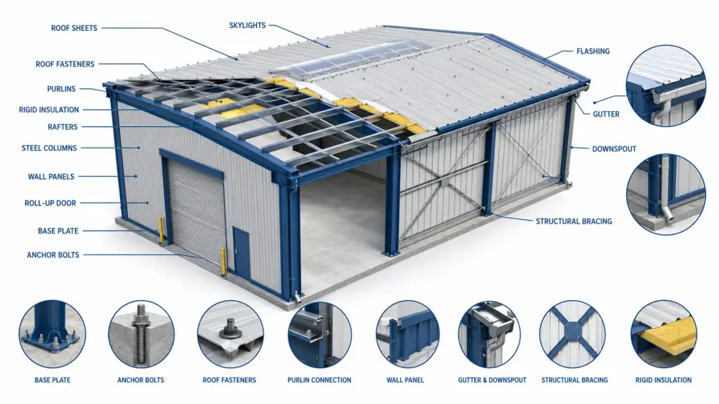 Labeled diagram showing roof sheets, purlins, steel columns, gutters, flashing, skylights, insulation, base plates, and anchor bolts in a PEB.
