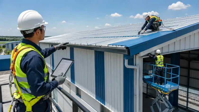 Professional engineers inspecting a pre-engineered steel building roof, gutters, and structural frame during routine PEB maintenance.