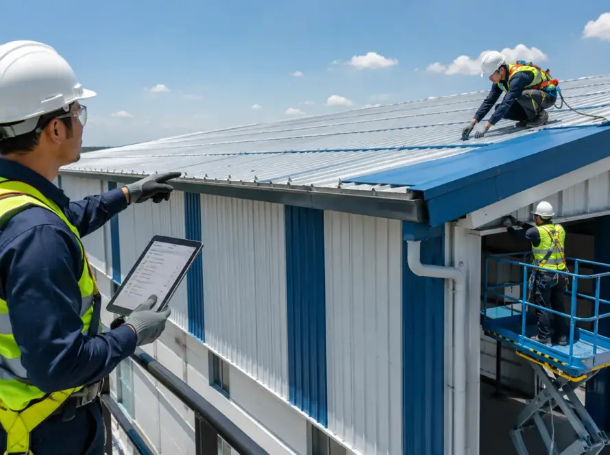 Professional engineers inspecting a pre-engineered steel building roof, gutters, and structural frame during routine PEB maintenance.