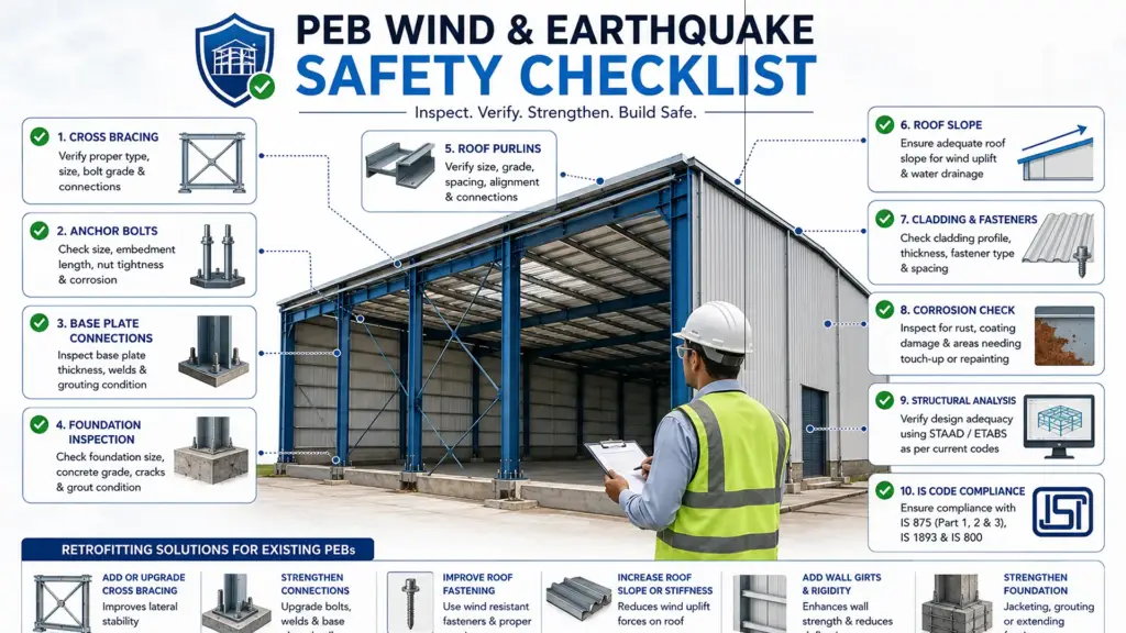 PEB building safety checklist for earthquake resistance and wind load inspection