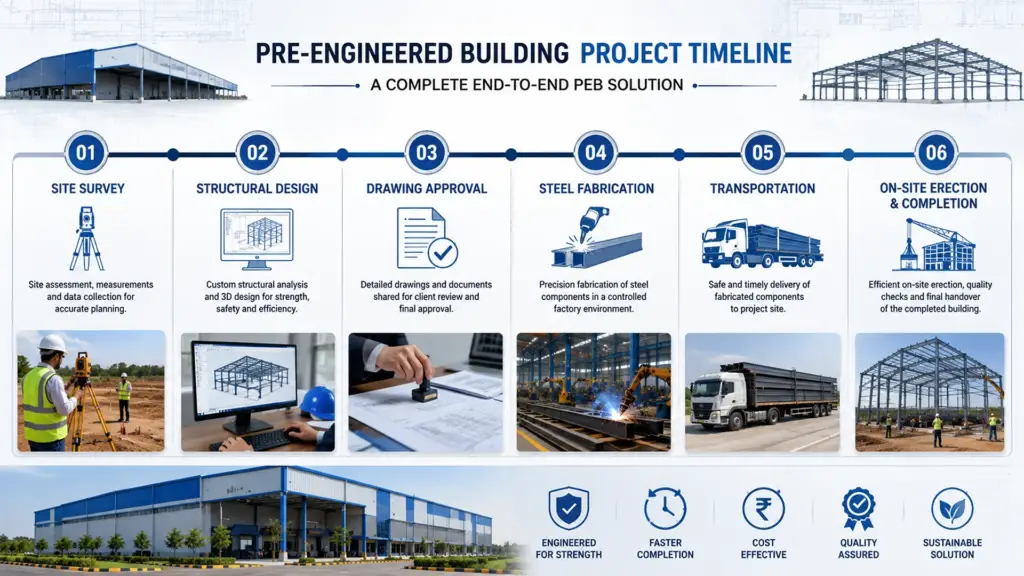 PEB construction timeline showing site survey, design, fabrication, delivery, and steel building erection process.
