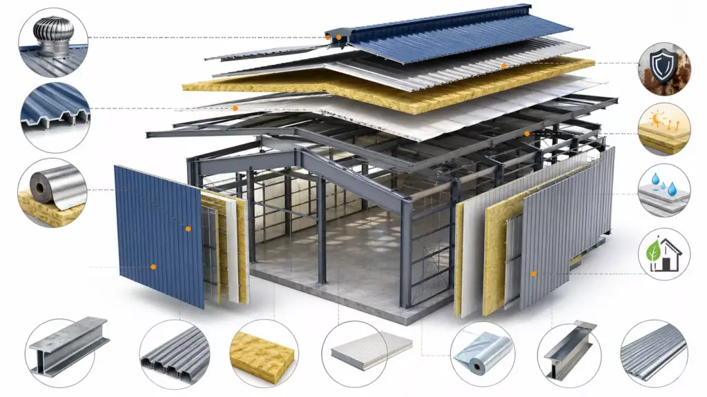 Exploded engineering view of a pre-engineered building showing galvanized steel frame, PUF sandwich panels, roof insulation, vapor barrier, purlins, and ventilation system.