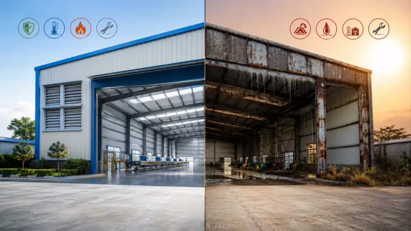 Modern pre-engineered building comparison showing a well-maintained galvanized steel warehouse beside a poorly maintained structure with rust, heat, and corrosion issues.
