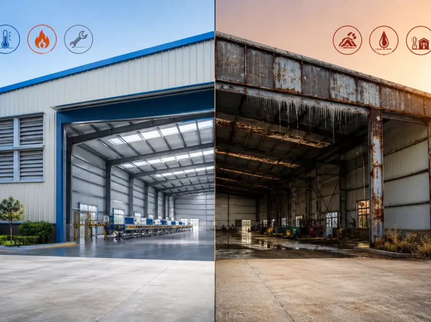 Modern pre-engineered building comparison showing a well-maintained galvanized steel warehouse beside a poorly maintained structure with rust, heat, and corrosion issues.