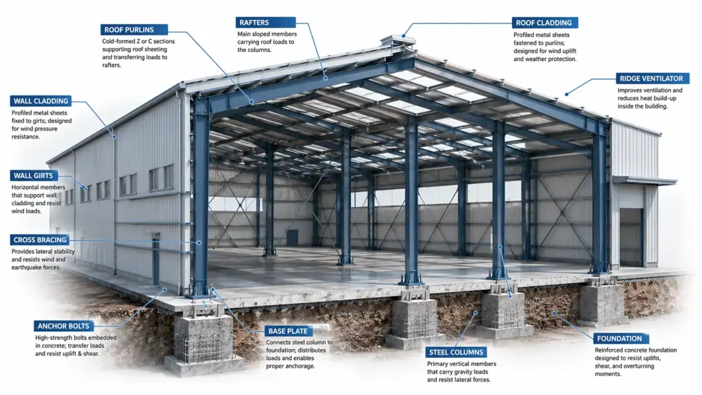 Key structural components including bracing, purlins, anchor bolts, columns, rafters, and roof cladding in a safe PEB structure