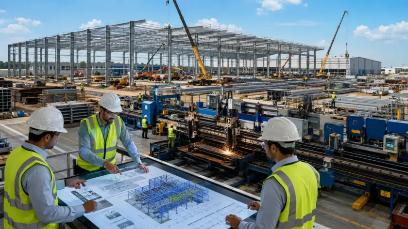 PEB EPC company providing complete design, steel fabrication and on-site erection services for a modern industrial warehouse project.