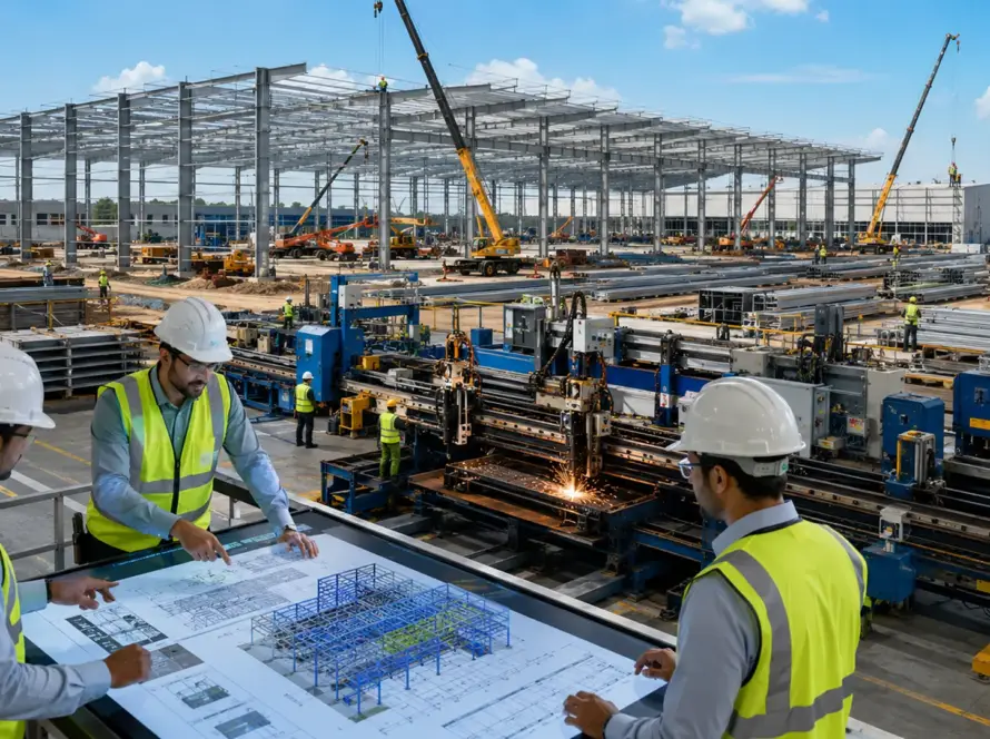 PEB EPC company providing complete design, steel fabrication and on-site erection services for a modern industrial warehouse project.