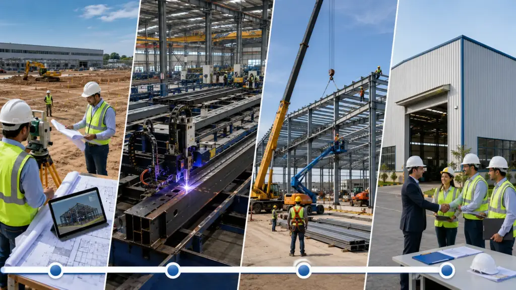 PEB EPC project timeline showing site survey, steel fabrication, building erection and final project handover.