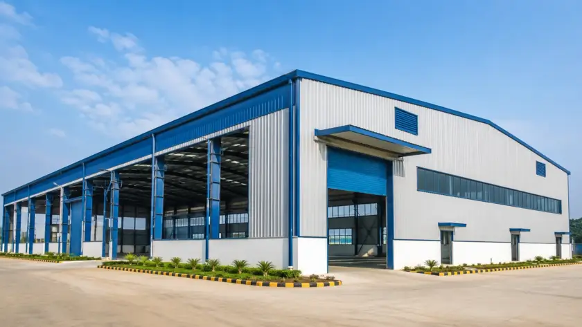 Completed pre-engineered steel building (PEB) factory shed exterior with metal cladding