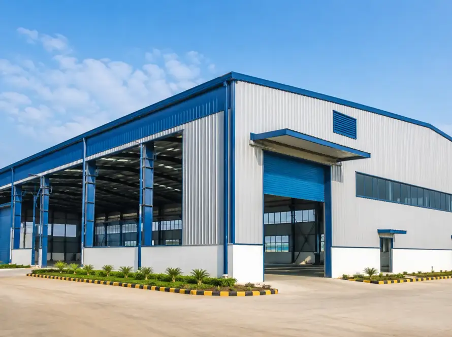 Completed pre-engineered steel building (PEB) factory shed exterior with metal cladding