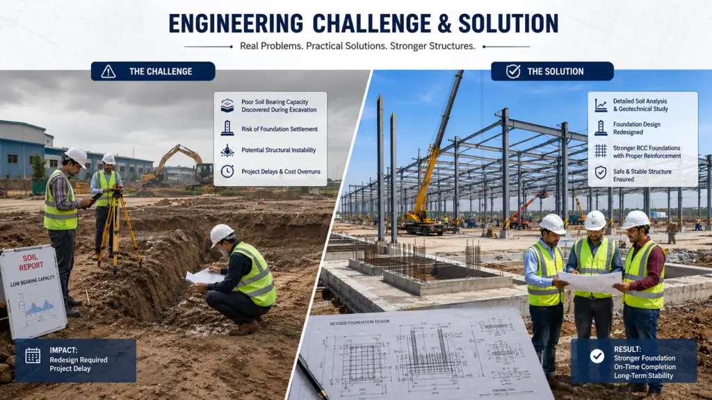 Engineers solving foundation redesign challenges during a pre-engineered building construction project.