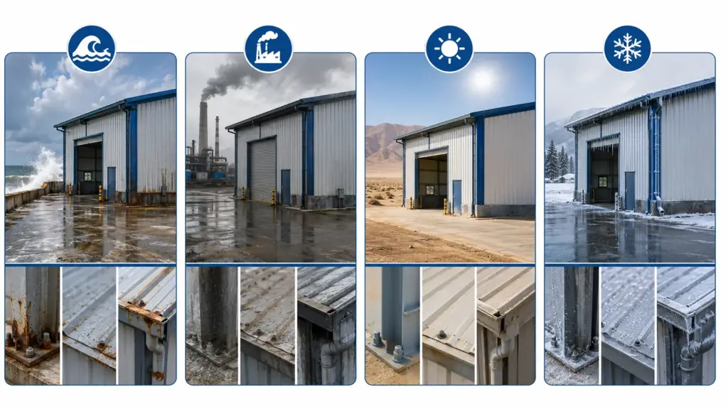 Comparison showing how coastal, industrial, desert, and cold climates affect maintenance requirements for pre-engineered steel buildings.