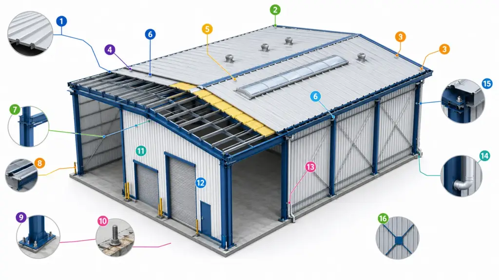 Annotated illustration showing inspection points on a pre-engineered steel building including roof sheets, flashing, gutters, purlins, skylights, base plates, and roll-up doors.