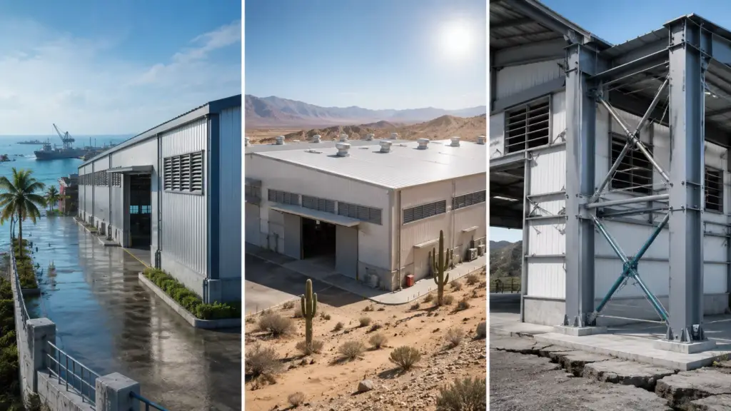 Comparison of pre-engineered buildings in coastal, hot desert, and earthquake-prone regions showing corrosion protection, thermal insulation, and seismic bracing.