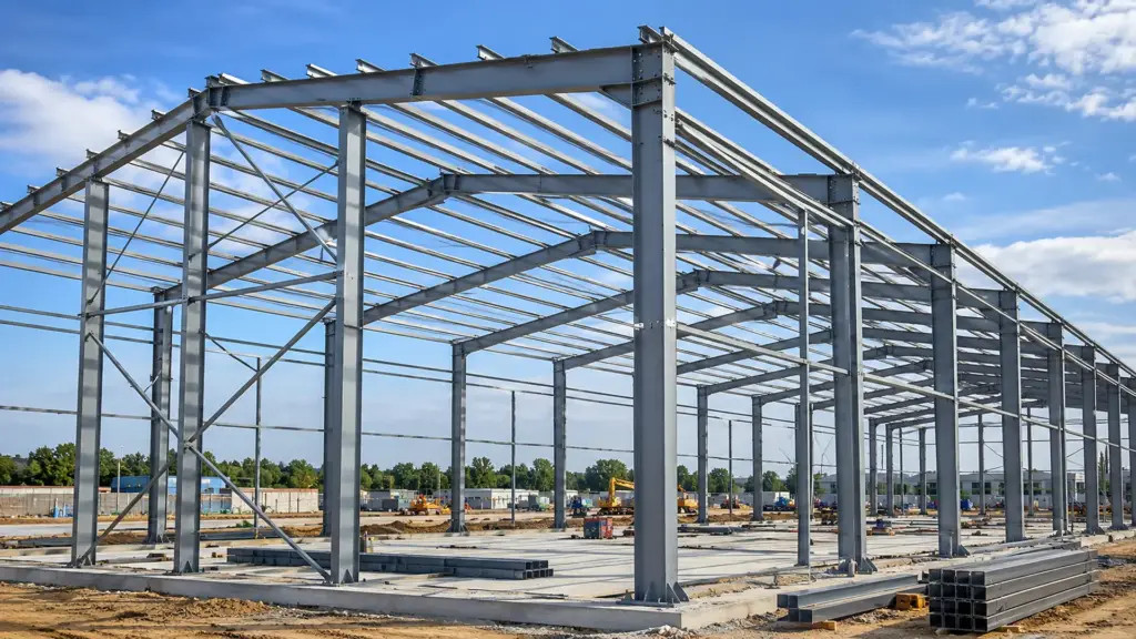 Exposed primary steel columns and rafters during PEB structure erection
