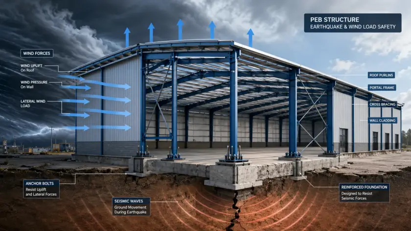 PEB structure designed to resist earthquake and wind loads in industrial applications