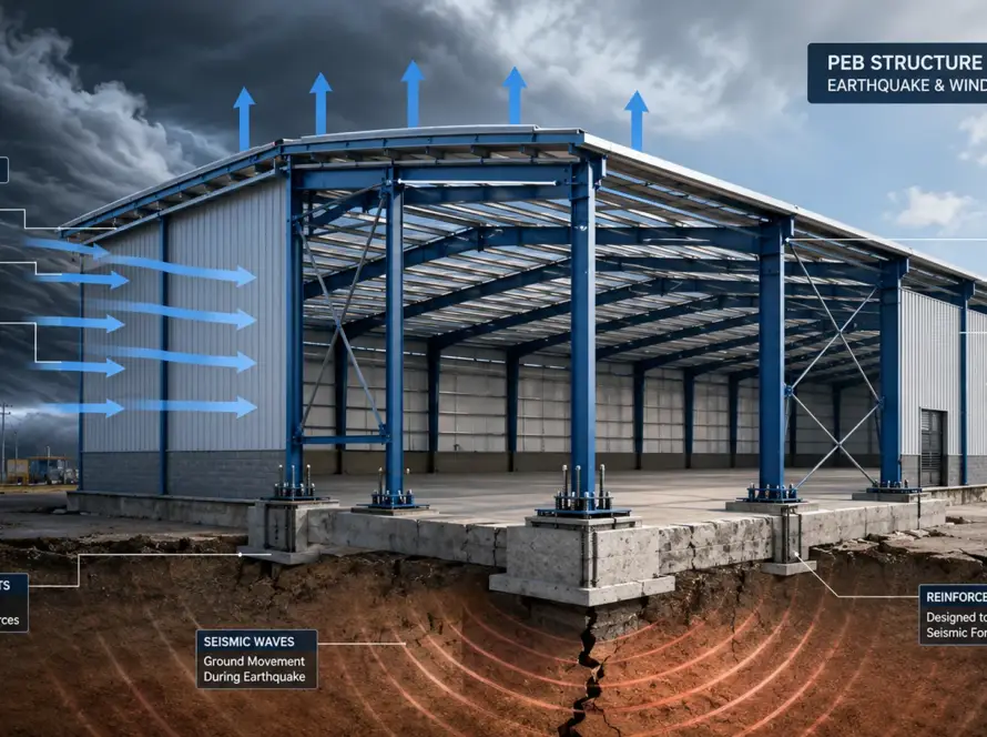 PEB structure designed to resist earthquake and wind loads in industrial applications