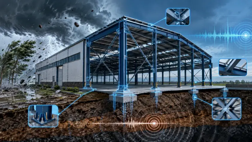 Modern pre-engineered steel building designed to withstand earthquake and high wind loads in India