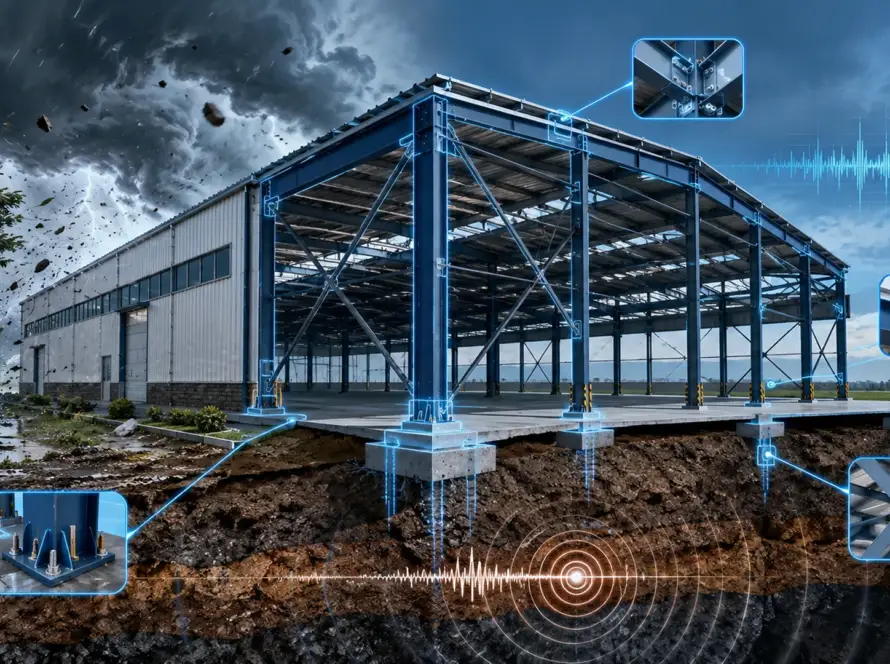 Modern pre-engineered steel building designed to withstand earthquake and high wind loads in India