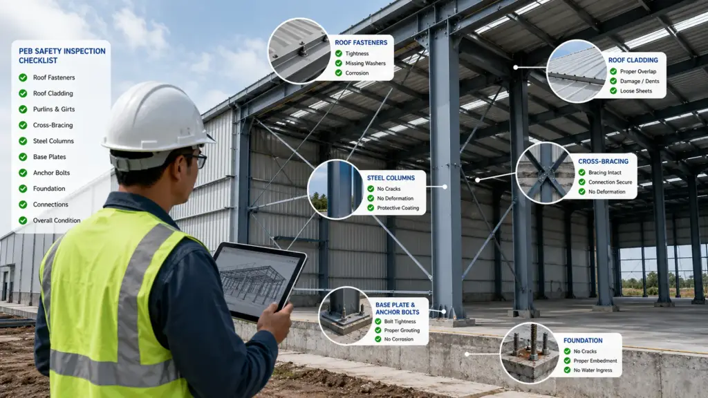 Structural engineer inspecting a pre-engineered steel building for wind and earthquake safety compliance