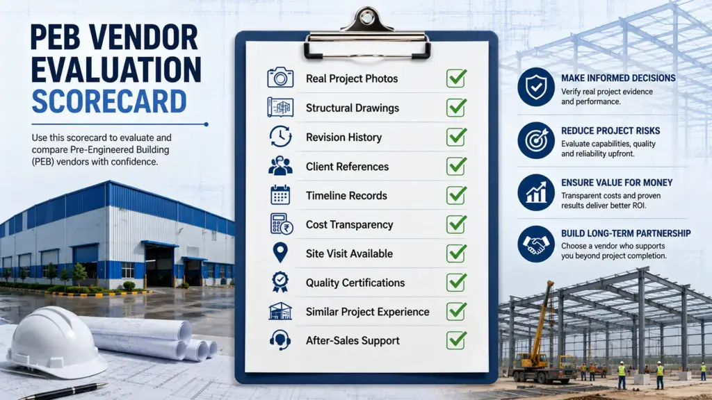 PEB vendor evaluation checklist showing project photos, drawings, certifications, references, and quality verification.
