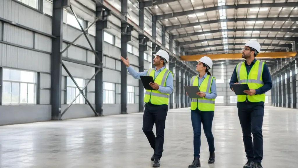 Engineers conducting a site inspection of a completed pre-engineered building structure 