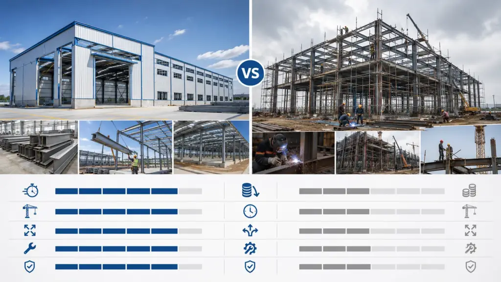 Comparison of a pre-engineered steel building and conventional structural steel construction site.